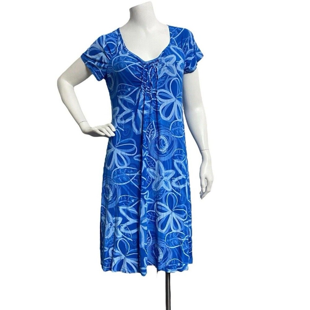 Cute Fresh Produce Blue Floral Dress Ruched Bust Rayon Spandex Blend Sz L USA